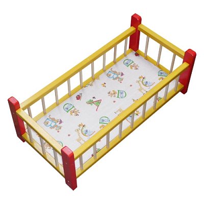 Dřevěná postýlka pro panenku žluto-červená (60 cm)